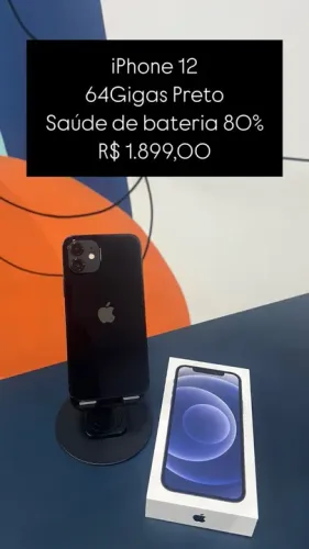 iPhone 12 64GB Preto Saúde de bateria 80% R$ 1.899,00 | Loja Física |
