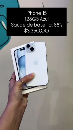 iPhone 15 / 128GB / Azul / Saúde de bateria 88% / R$3.350,00