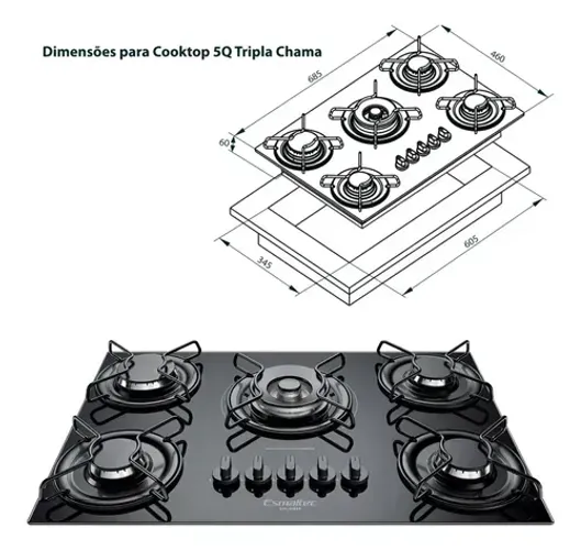 Cooktop Esmaltec 5 Bocas Tripla Chama Gourmet Preto Bivolt