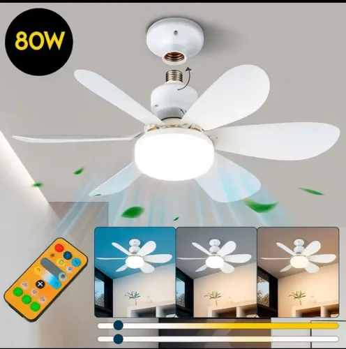 ventilador de teto compacto com luminária LED integrada e controle remoto.