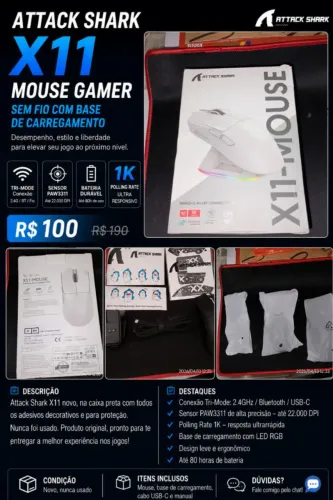 ?ATTACK SHARK X11 Mouse Gamer sem fio