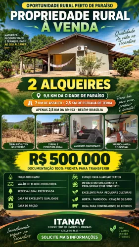 Chácara à Venda - 2 alqueires c/ casa e poço artesiano - 9,5 km de Paraíso