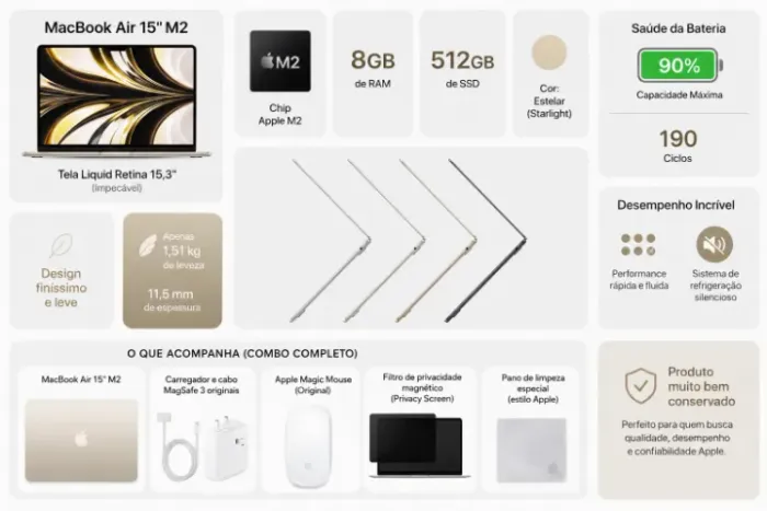 MacBook Air 15" | 512GB SSD | Como Novo | Magic Mouse + Acessórios