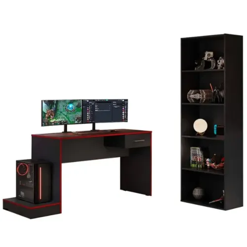 Kit Gamer Mesa Computador Escrivaninha Preta + Estante Livros Multiuso 180cm