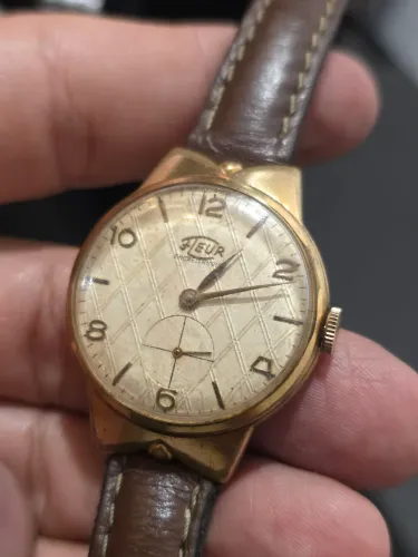 Raro relógio suíço Fleur 33mm plaquê ouro 18k calibre militar AS1130 rara pátina púrpura