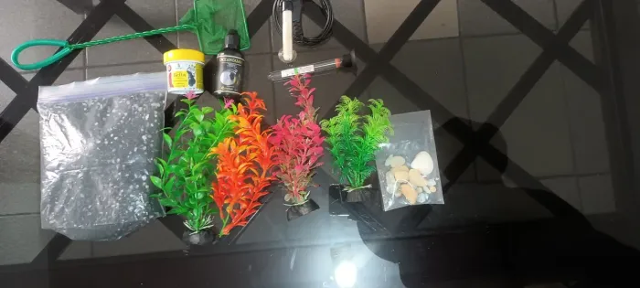 Kit aquário Termômetro Aquecedor Pedras Plantas Peneira Ração e Neutro pH 