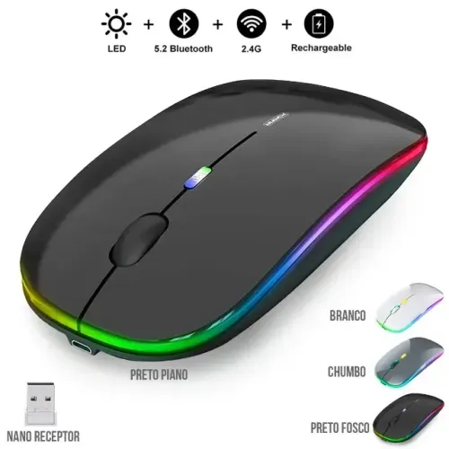 Mouse Sem Fio Recarregável Dual Mode Bluetooth e Wireless 2.4GHz