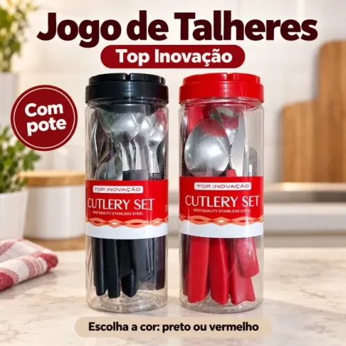 Faqueiro Jogo De Talheres Inox 24 Peças Com Pote Colorido