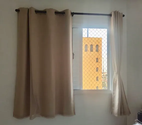 Kit 3 Cortinas Bege com Varão - Duplo Tecido (Voil + Forro)