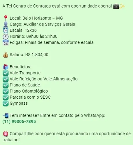 AUXILIAR DE SERVIÇOS GERAIS - BELO HORIZONTE/MG