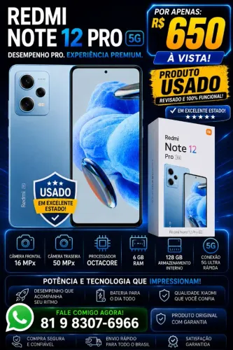 ? Redmi Note 12 Pro 5G - Excelente Estado | Apenas R$ 650 à vista!
