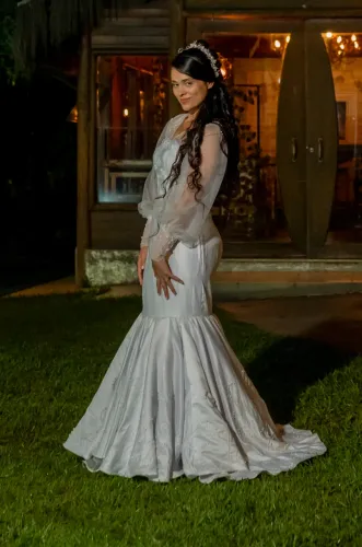 Vestido de Noiva Sereia Super Luxo - Estilista | Mangas Bufantes-P