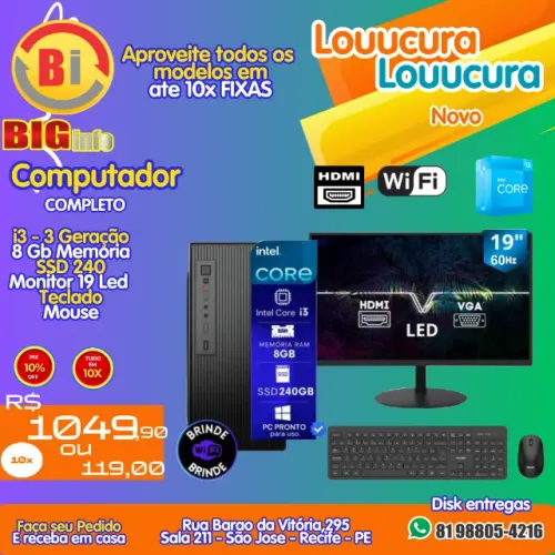 Computador Completo I3 3º G 8gb Hd Ssd 240gb Monitor 19 Led Hdmi - Em ate 10x Fixas