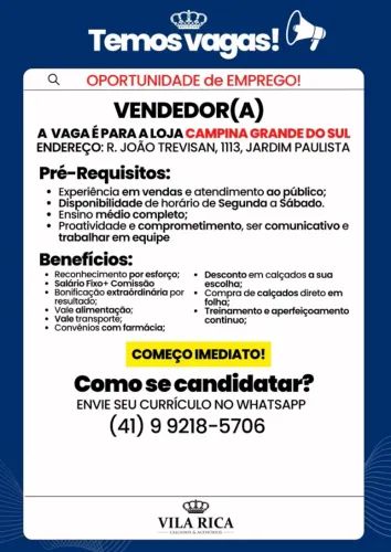 Vendedora de loja de calçados, contratação IMEDIATA,CLT, Salario+comissão
