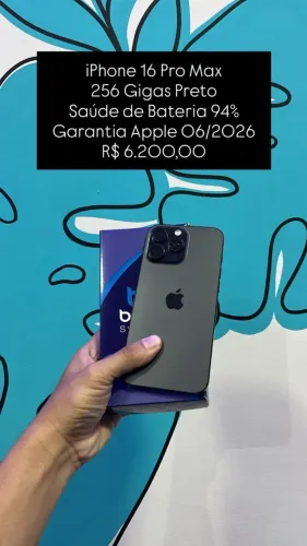 Seminovo: iPhone 16 Pro Max 256GB/Preto/Saúde de bateria 94%/Garantia Apple 06/26-Loja Fis