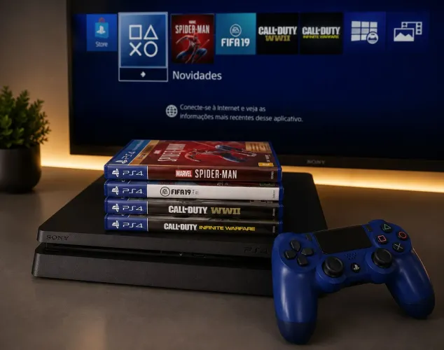 PS4 1TB + Controle + 4 Jogos (Spider Man, fifa...)