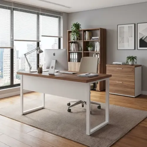 Mesa Escritório Industrial Nogal Estrutura Metálica Design Moderno 34303