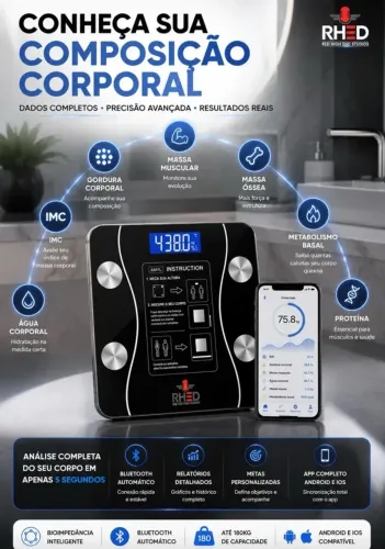 Balança Digital Bioimpedância Profissional smart imc 180kg Bluetooth Corporal Aparelho