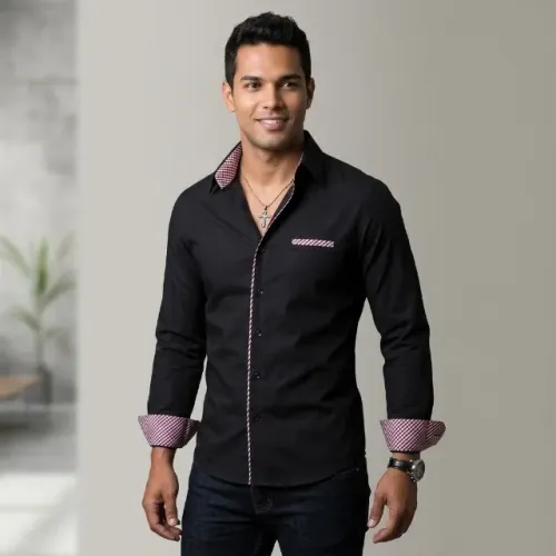 Camisa Social Masculina Slim Fit Manga Longa Preta com Detalhes Xadrez
