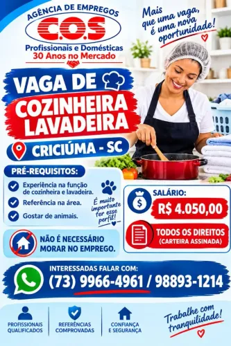 VAGA DE COZINHEIRA LAVADEIRA PARA CRISCIÚMA/SC