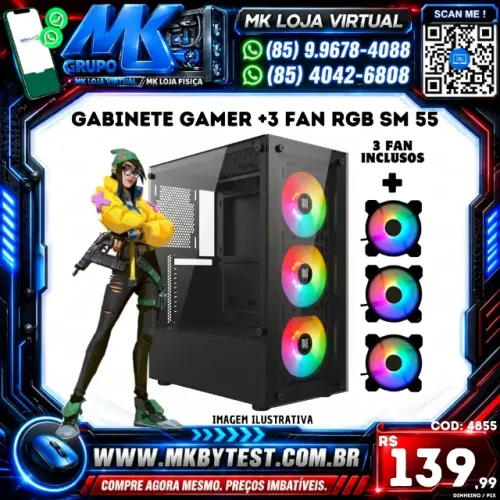 GABINETE GAMER +3 FAN RGB SM 55