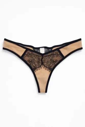 Calcinha Tanga Renda Tule Nude/Preto XG