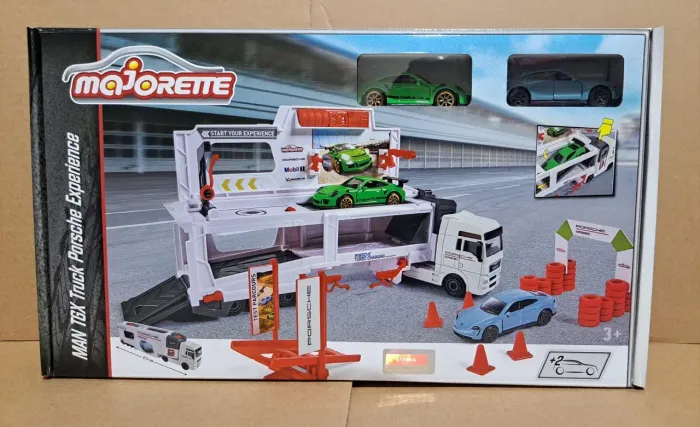 Brinquedo Playset Caminhão Cegonha Man TGX e Porsche 2 Carros Majorette 1:64 Metal Lacrado