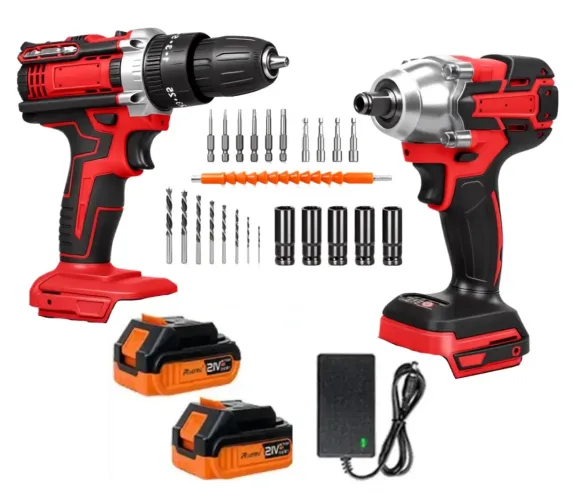 Kit Furadeira + Chave de impacto recarregável com 2 baterias + kit de brocas e chaves