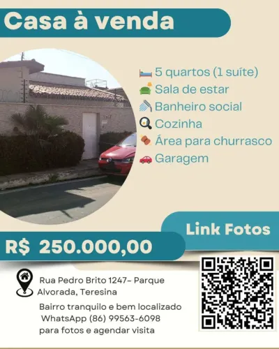 Casa no Parque Alvorada Teresina-PI, 5 Quartos, 1 Suíte - R$ 250.000
