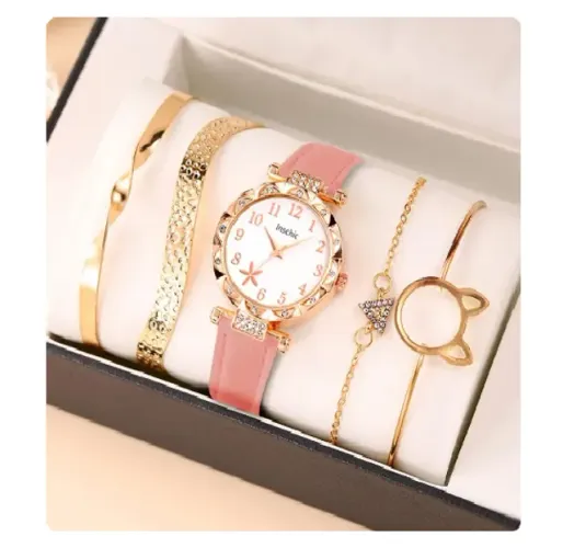 Relógio Feminino kit 5 peças relógio e pulseiras estilo moderno e casual