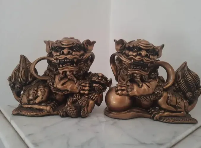 Par de Dragões Chineses em Resina na cor cobre- Nobreza/Sabedoria-20cm<br>