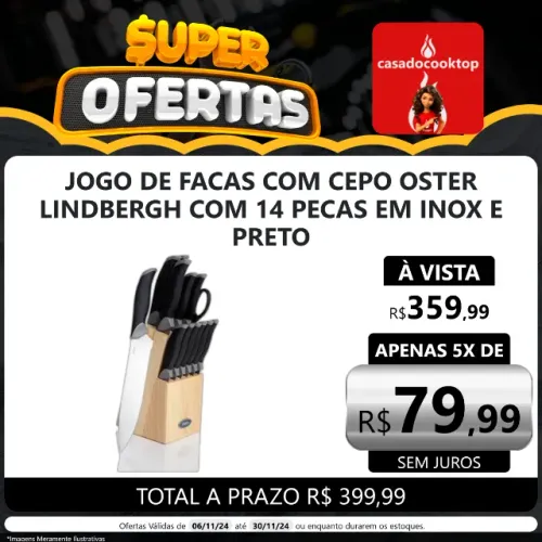 Jogo de Facas com Cepo Oster Lindbergh com 14 Peças em Inox e Preto