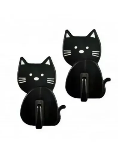 Cabide Gancho 2pçs Gato De Parede Adesivo Plastico 07x5cm-preto