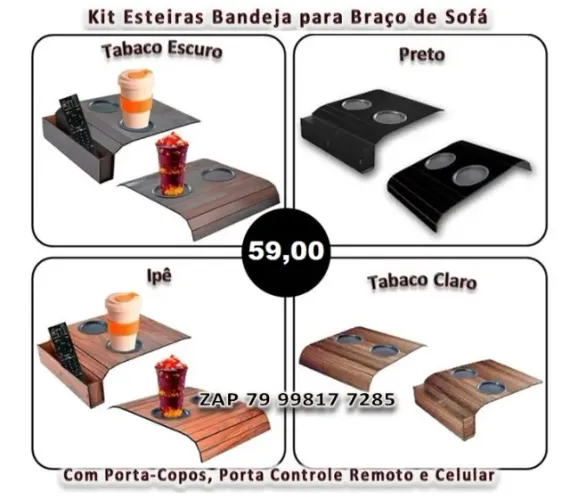 Esteiras Bandeja para Braço de Sofá, com Porta-copos, Porta Controle Remoto e Celular