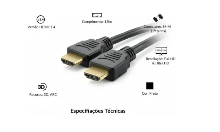 Cabo Hdmi 1,5m Macho X Macho Full Hd E Ultra Hd 4k Televisão, monitor