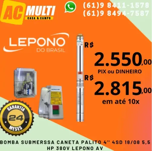 Bomba para poço artesiano Caneta Palito 4'' 4SD 18/08 5,5 HP 380V Lepono av