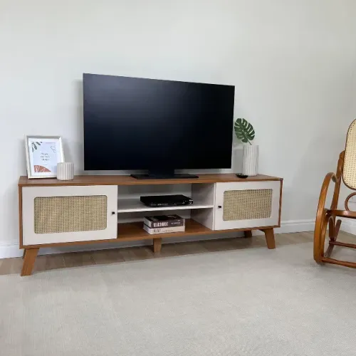 NOVO | Rack para TV até 75" 180cm Textura Palha Pés de MDF - Fazemos Entrega