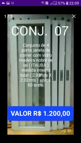 CONJ. DE 4 PORTAS JANELAS ( FOLHAS ) DE CORRER EM MADEIRA NOBRE ITAUBA E VIDROS GROSSOS 