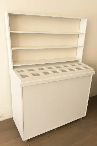 Balcão mix branco açaiteria com prateleiras 