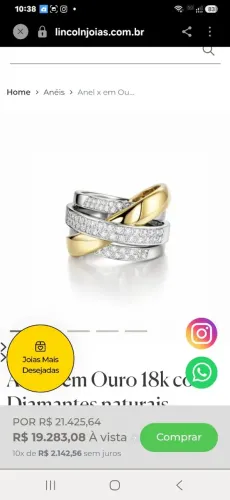 Anel X em Ouro 18k Amarelo e Branco com Diamantes Natural - Nº 21 (9,6g)