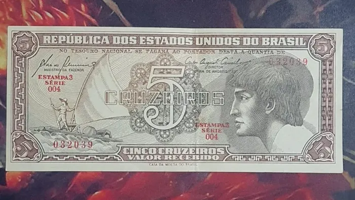 Nota de 5 Cruzeiros Estampa 3 Série 004 Antiga Colecionador Rara Valor Histórico