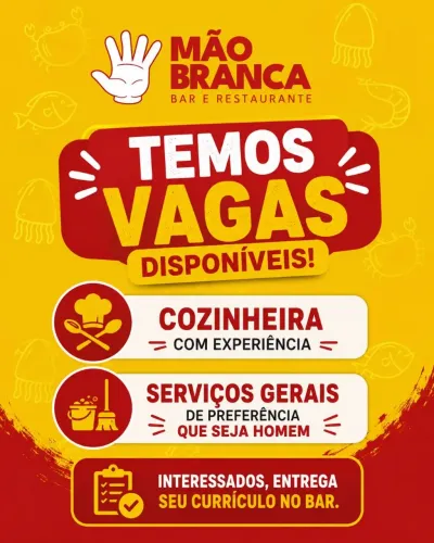 Vaga de trabalho no bar em Cabedelo e restaurante do mão branca