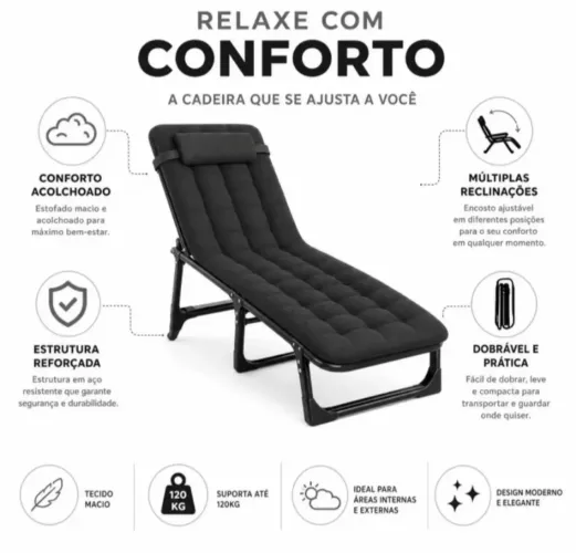 Kit espreguiçadeira(cama) dobrável + puff 3 em 1
