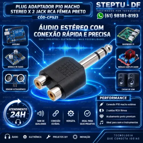 Plug Adaptador P10 Macho Stereo X 2 Jack Rca Fêmea Preto Arduino Automação COD-CP521