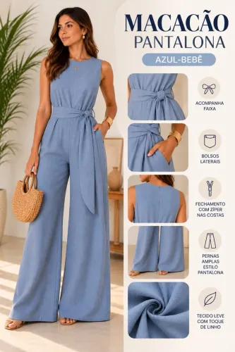 Macacão Feminino Pantalona Azul-Bebê GG ? Novo