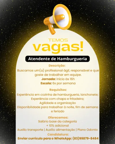 VAGA: ATENDENTE DE HAMBURGUERIA