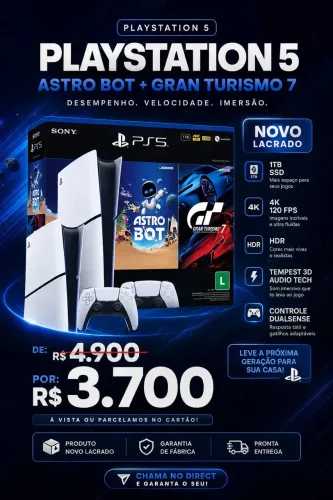 PS5 Slim Digital 1TB Novo Lacrado + Astro Bot + Gran Turismo 7