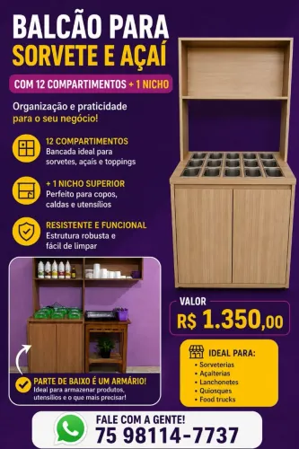 Balcão de acompanhamentos sorvete e açaí