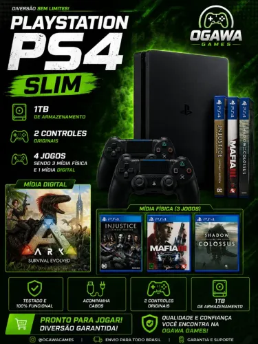 PS4 SLIM 1TB + 2 CONTROLES + 4 JOGOS