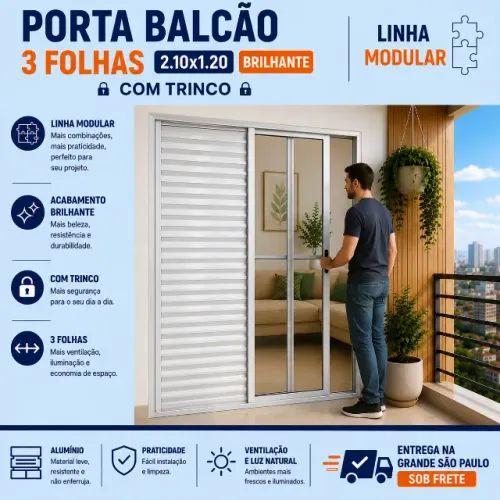 Porta Balcão 3 Folhas 2.10x1.20 brilhante Com Trinco pagto no momento da entrega